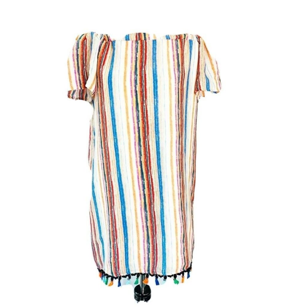 Tiana B Off Shoulder Dress White Blue Striped M